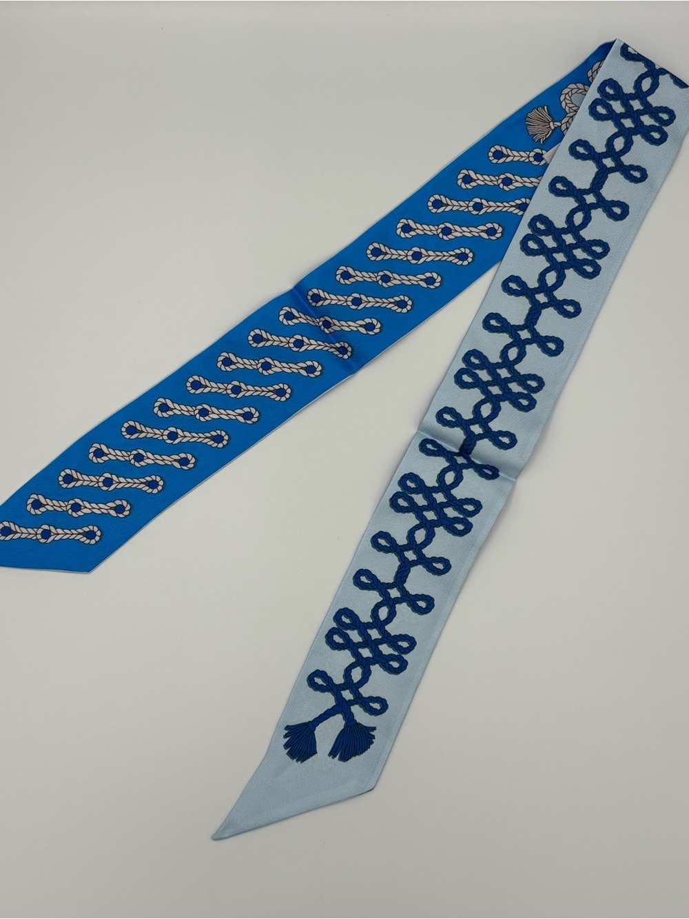 Hermes Galons et Brandebourgs Twilly Silk Scarf Bleu Celeste Bleu Roi Rope Knot - Picture 2 of 6